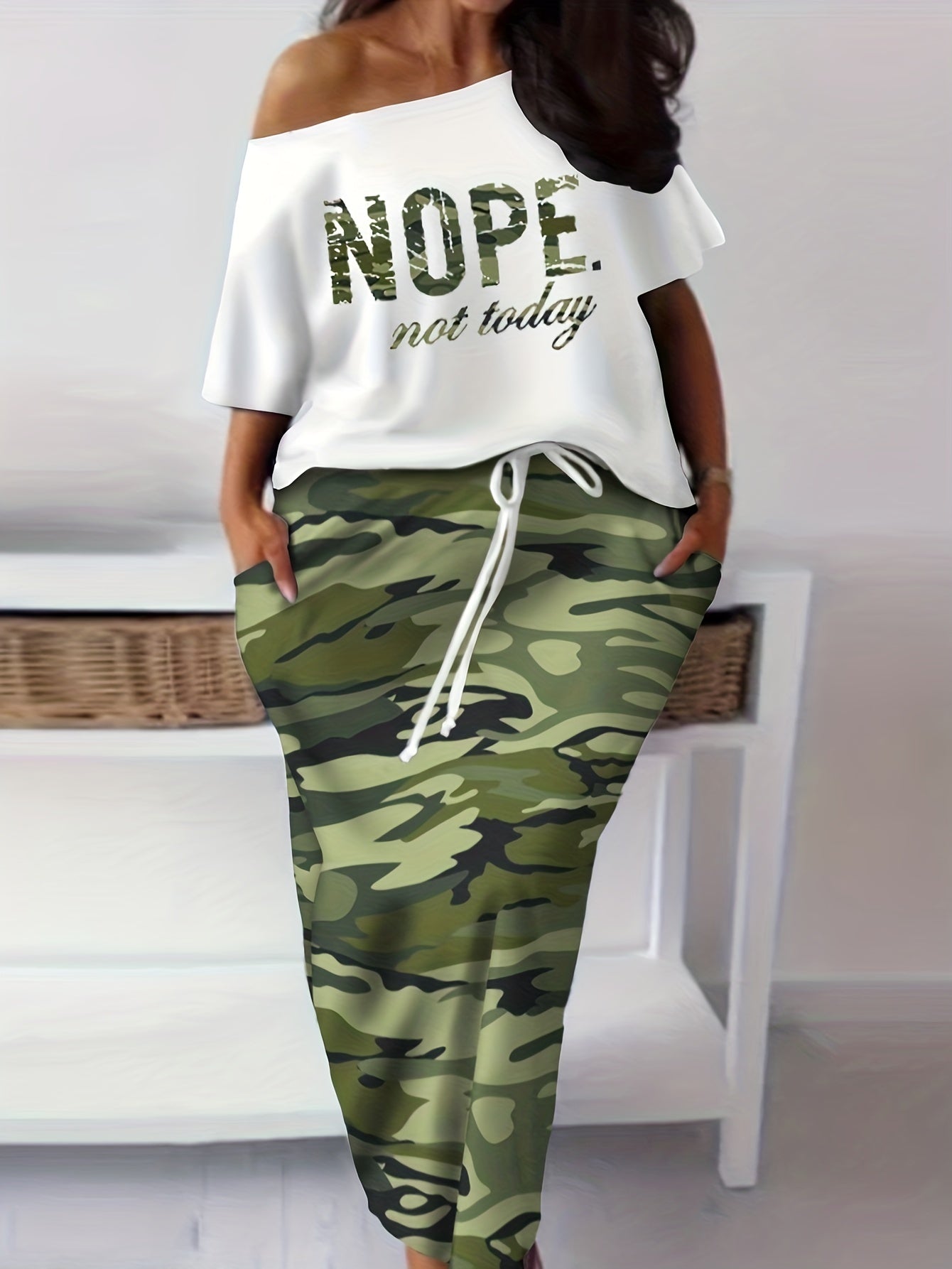 Camo Print One Shoulder Top & Skirt Outfit Set