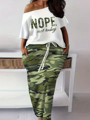  Camo Print One Shoulder Top & Skirt Outfit Set