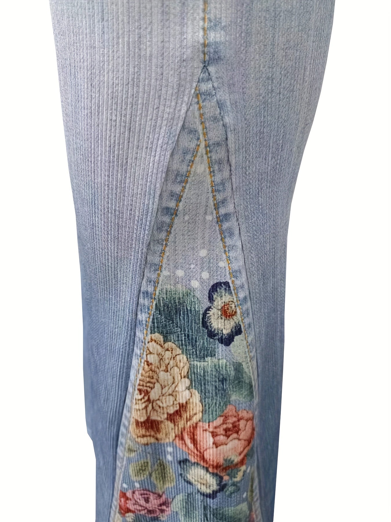  Denim Print Floral Panel Flare Pants