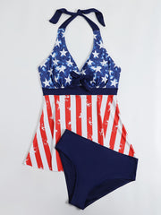  Strip & Star Print Halter Neck Top & Panty Swimsuit Set