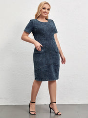  Denim Dress Women's Short Sleeve Round Neck Slim Fit Knee Length Dress