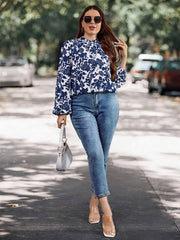 Women's Plus Floral Print Ruffle Trim Lantern Sleeve Mock Neck Blouse