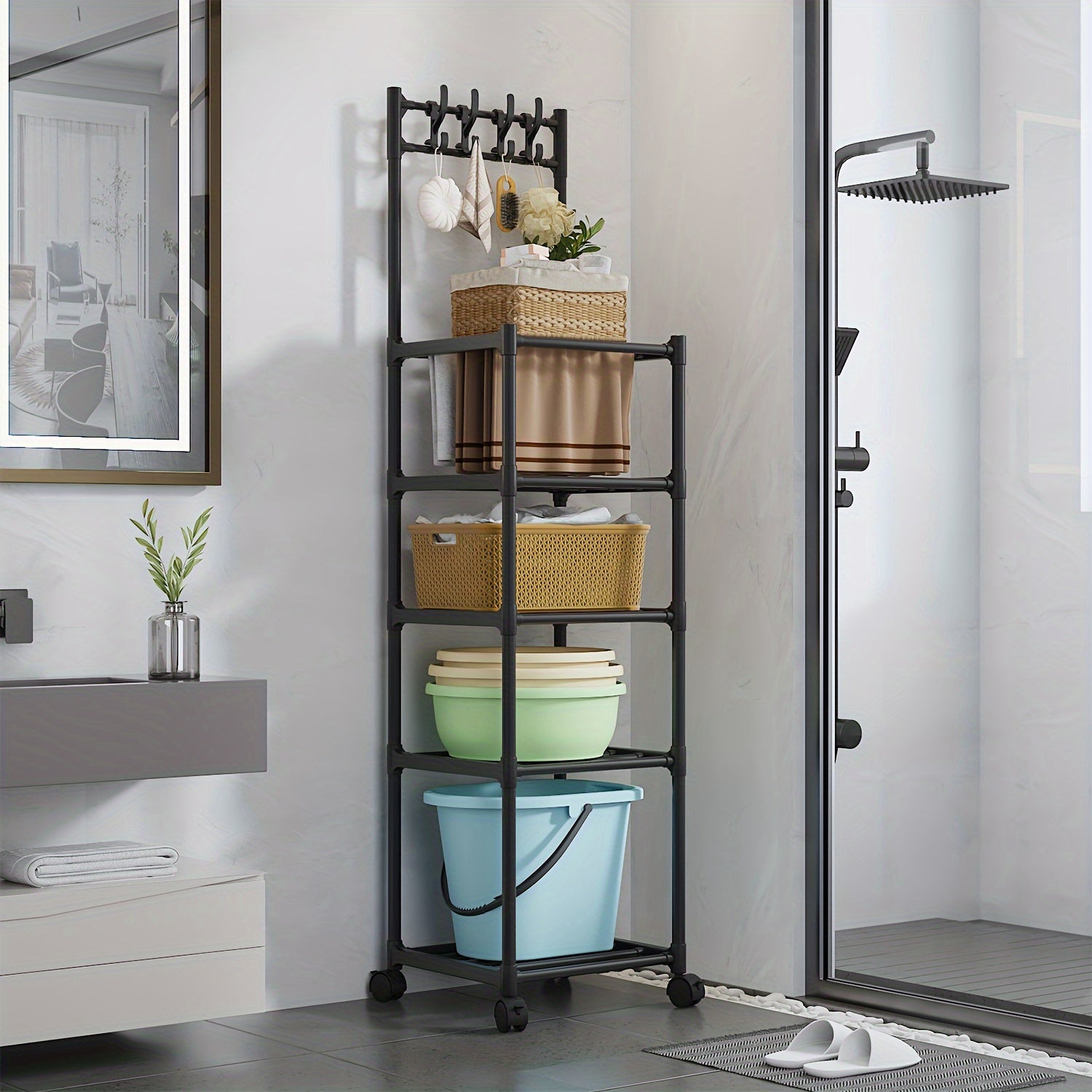5-Layer Kitchen Storage Rack with Pulleys & Hooks
