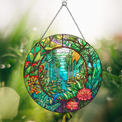 Acrylic Glass Coconut Tree Disc Ornament Jungle Flowers Plants Retro