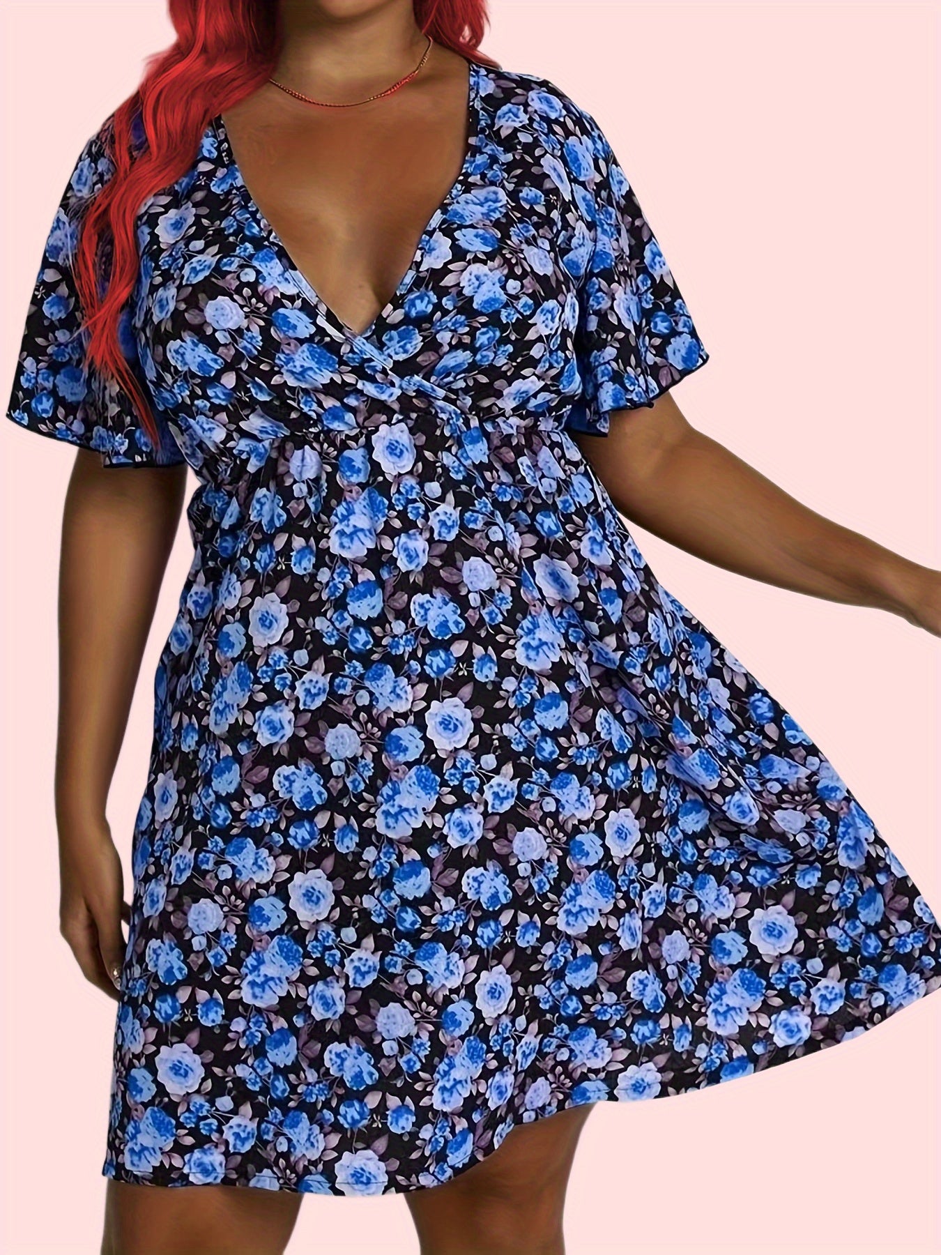 Rose Print Short Sleeve V Neck Dress