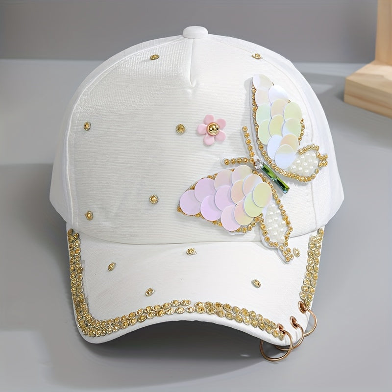 Y2K Butterfly Baseball Cap Rhinestone Sequin Pearl Cotton Hat