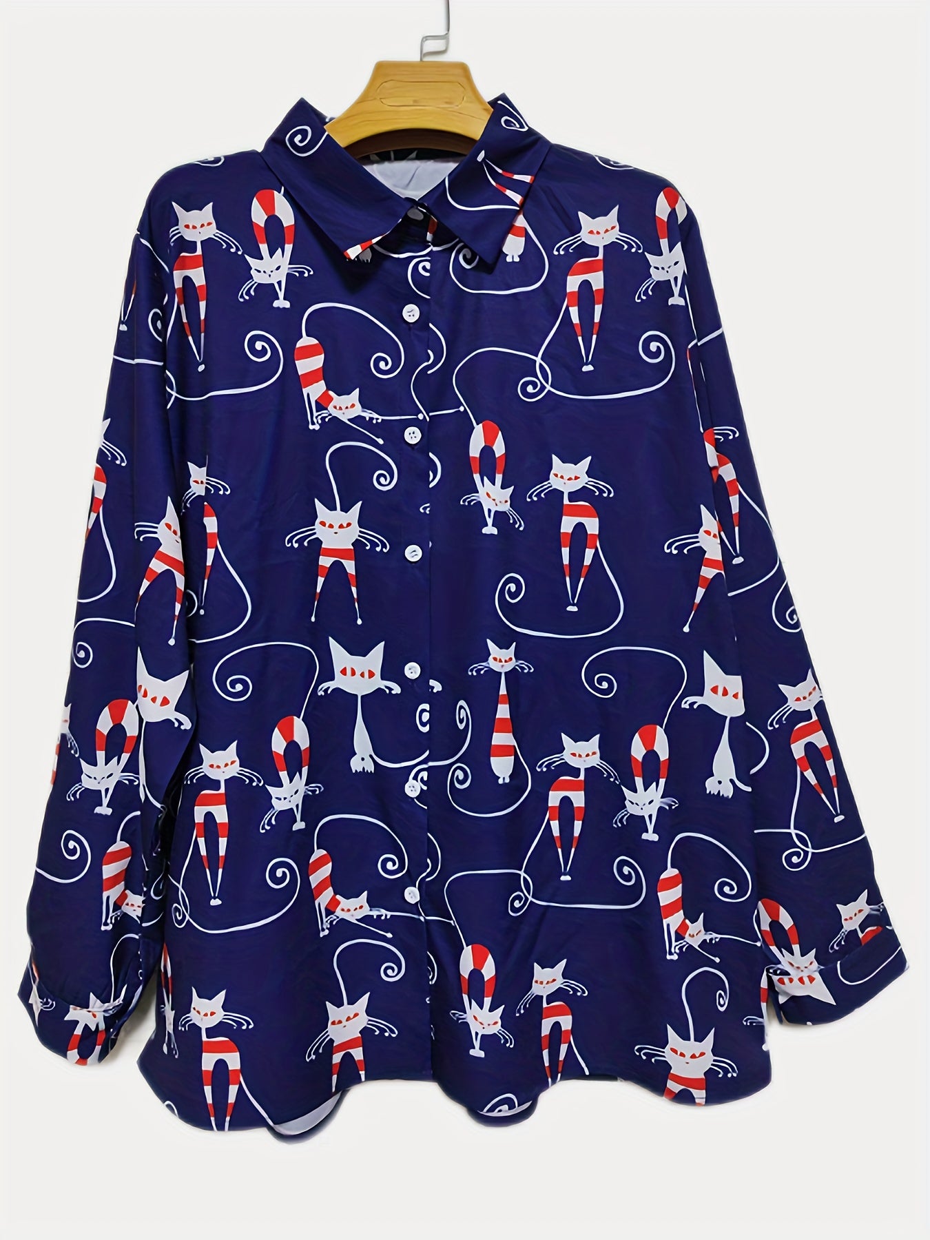  Cat Print Button Up Long Sleeve Blouse