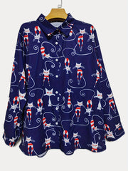  Cat Print Button Up Long Sleeve Blouse