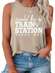  Casual Tank Top Women's Plus Slogan Print Round Neck Tank Top