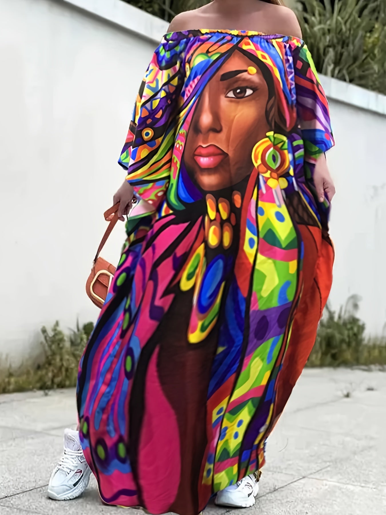  Figure Print Off Shoulder Maxi Dress
