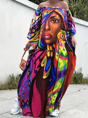  Figure Print Off Shoulder Maxi Dress