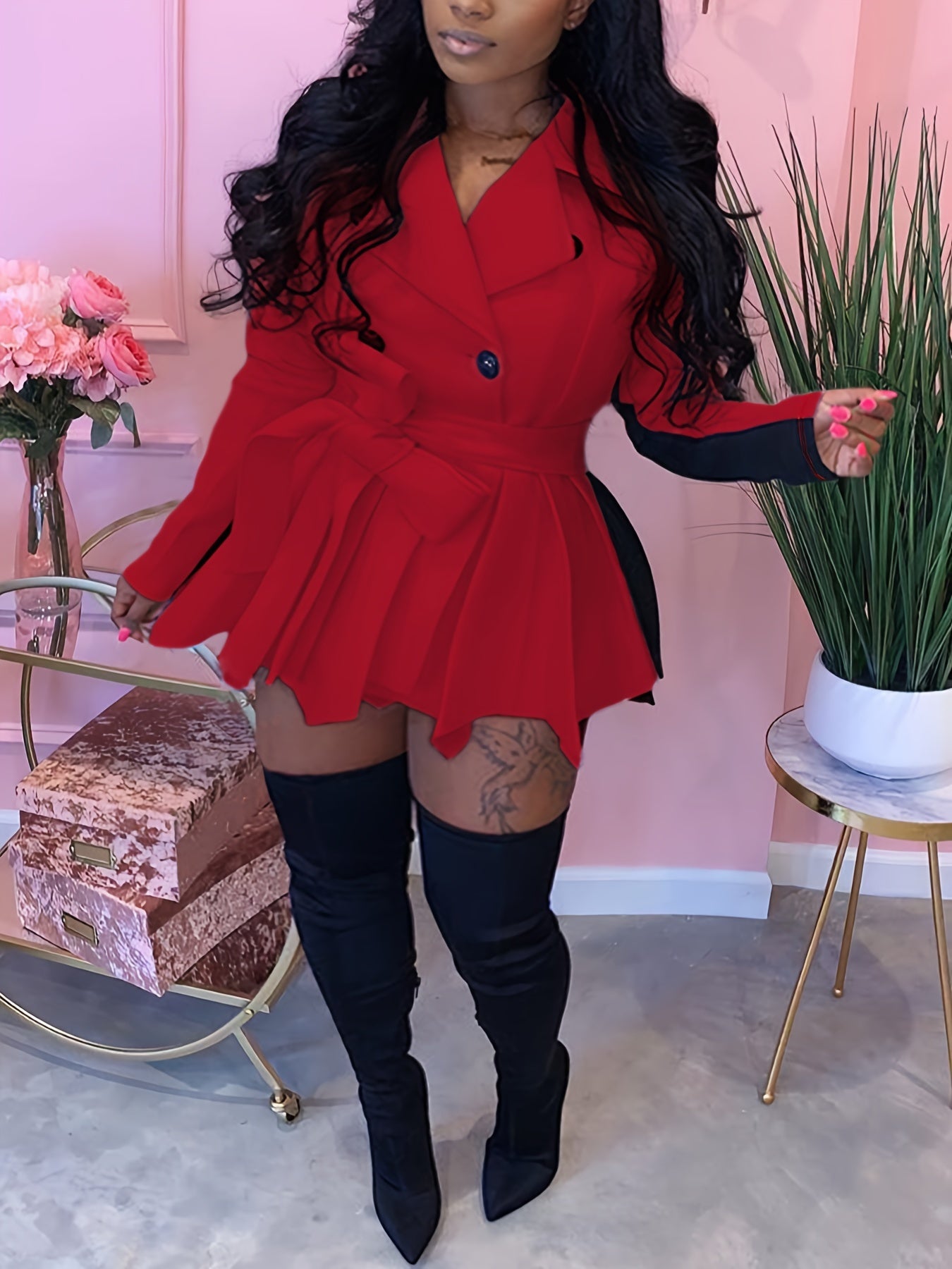  Colorblock Long Sleeve Double Breasted Mini Dress