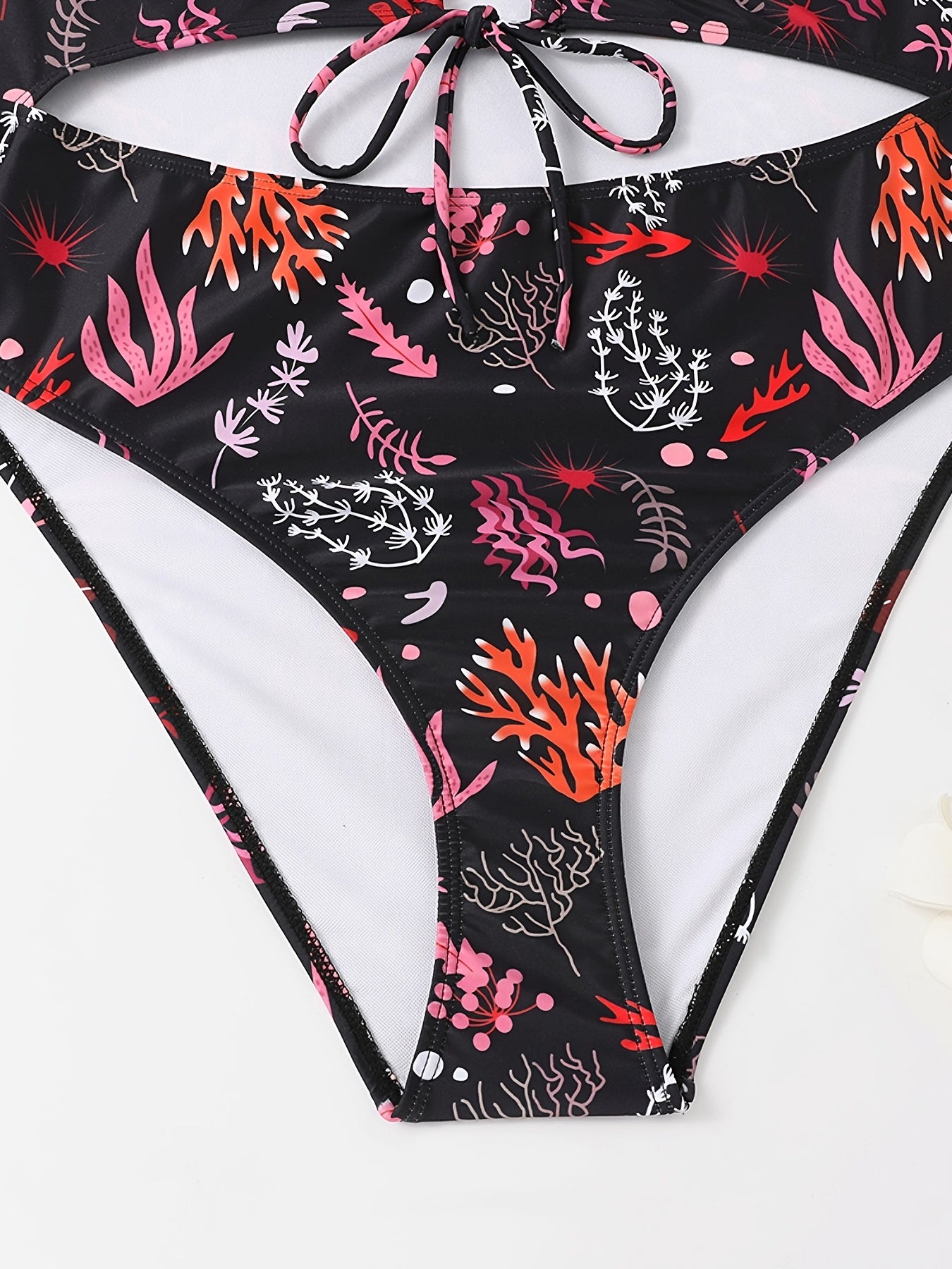  Coral Print Cut Out Drawstring Front One Piece Swimsuit