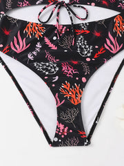  Coral Print Cut Out Drawstring Front One Piece Swimsuit