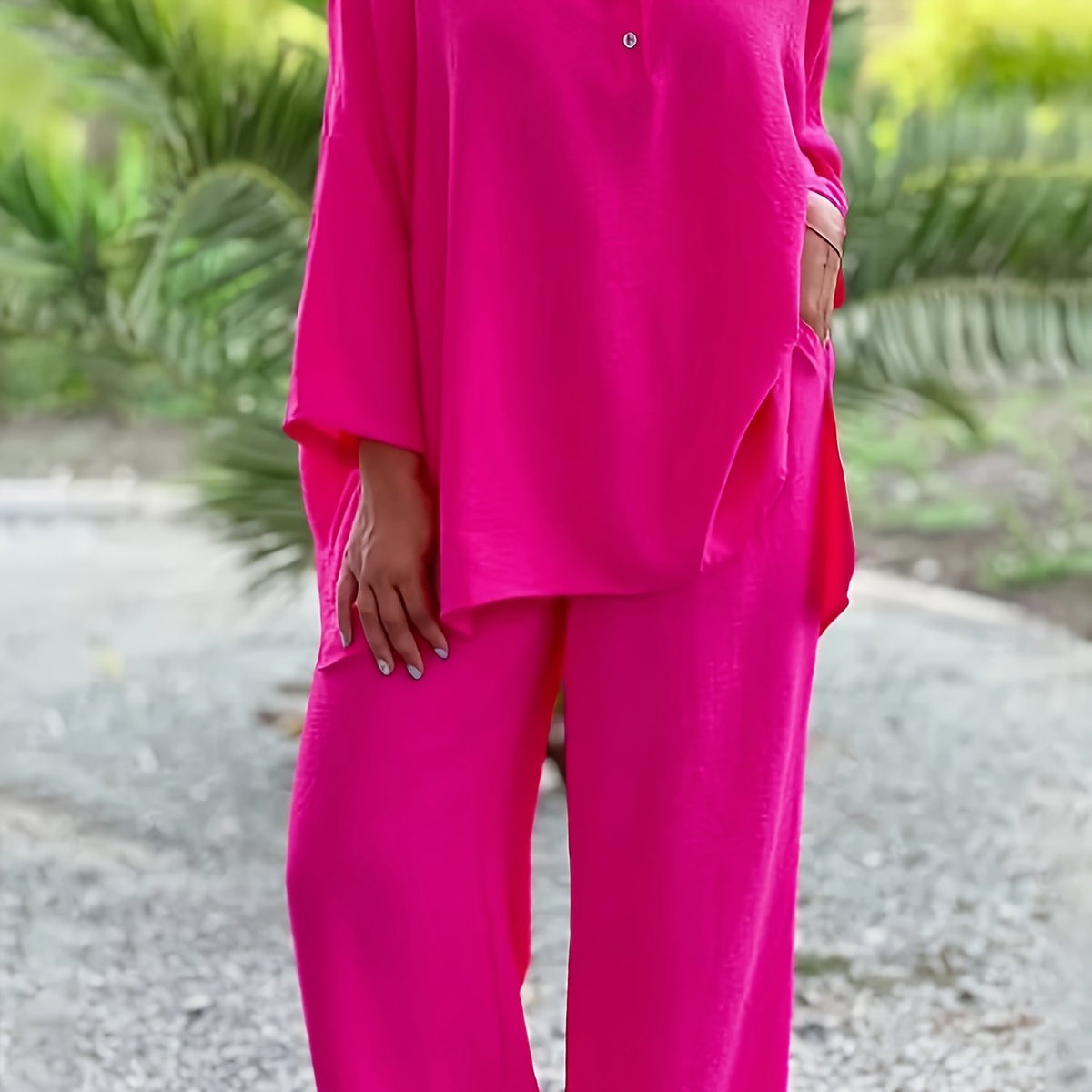  Casual Outfits Set Women's Solid Shirt & Pants Two Piece Set
