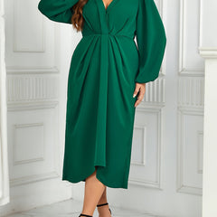  Solid Lantern Sleeve V Neck Maxi Dress