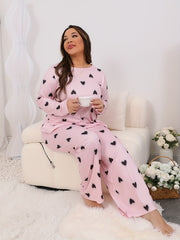 Heart Print Pajama Set - Long Sleeve Tee & Pants