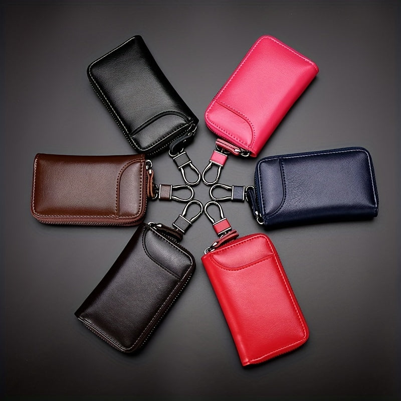 Large Capacity Zipper Car Key Holder Men's Waist Hanging Leather Key Chain Case