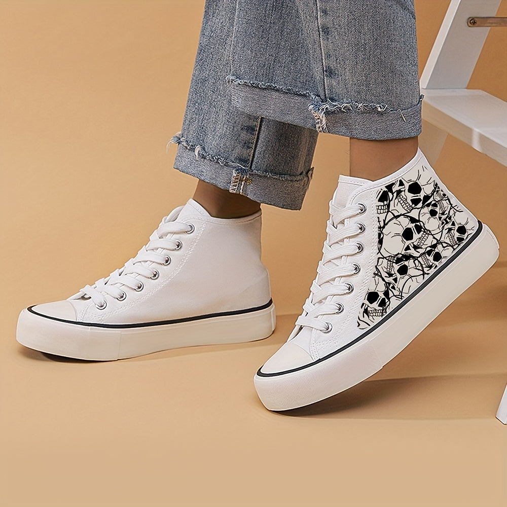 Skull Print High Top Canvas Sneakers Lace Up Skate Shoes