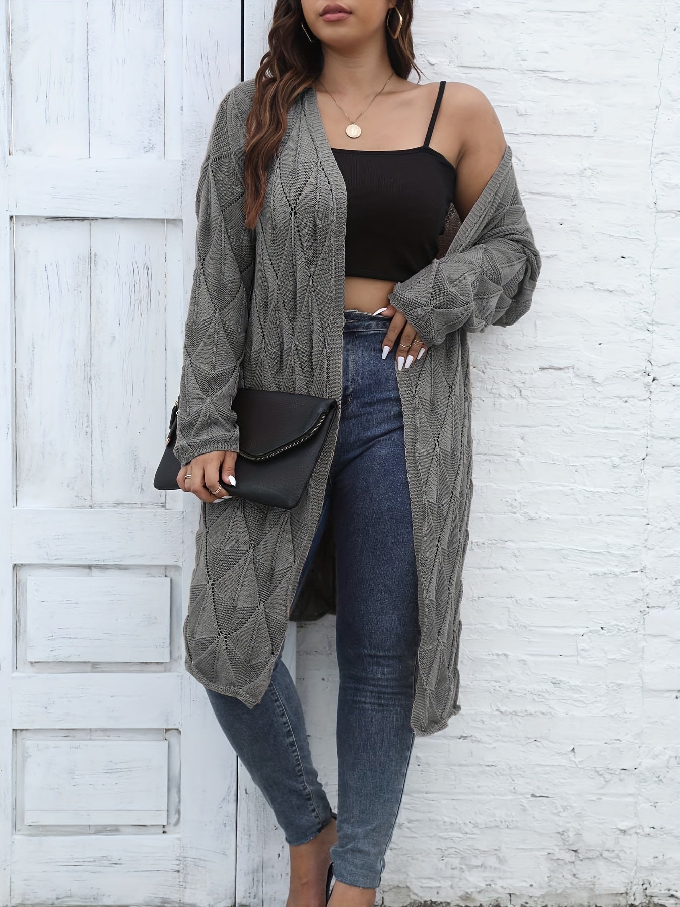  Hollow Out Open Front Long Sleeve Knit Cardigan Sweater