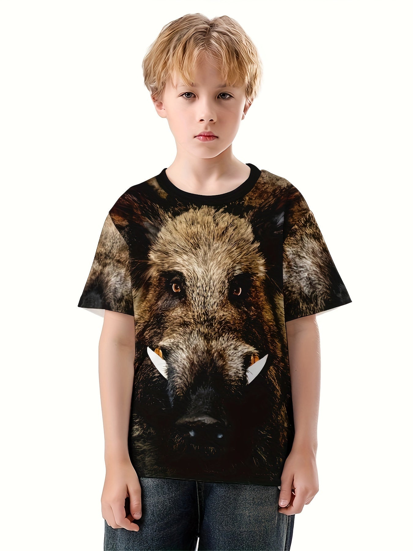 Wild Boar 3D Print Kids T-shirt Boys Summer Sports Lightweight Tee