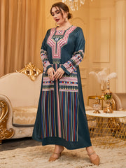  Geometric Print Abaya Dress Long Sleeve Square Neck Maxi