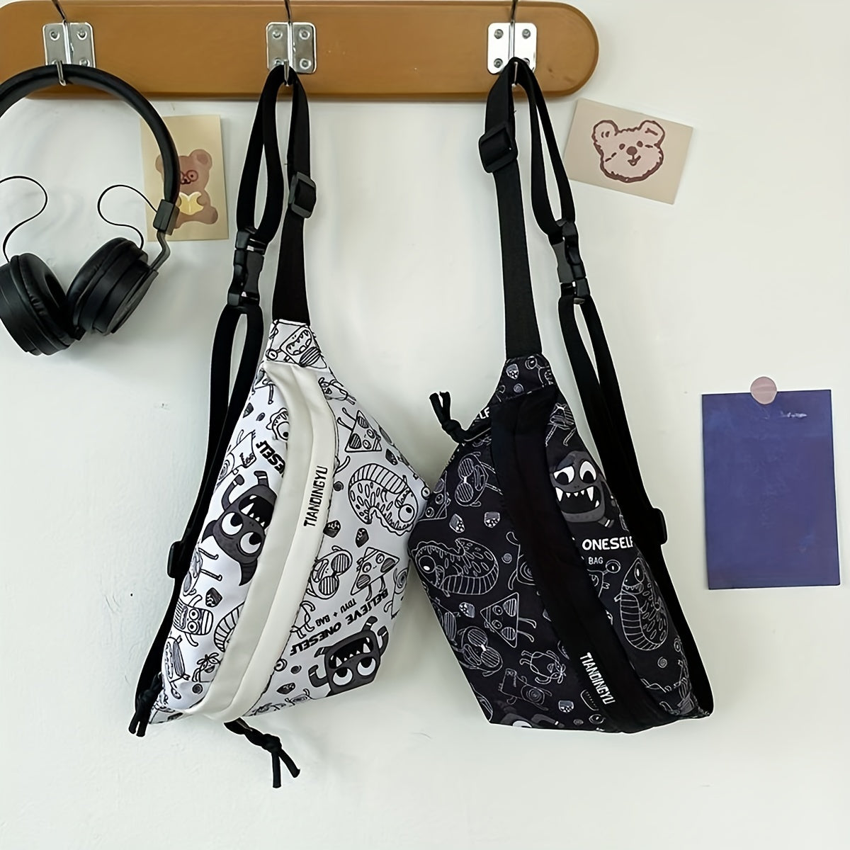 Cartoon Print Chest Bag Graffiti Pattern Canvas Sling Bag