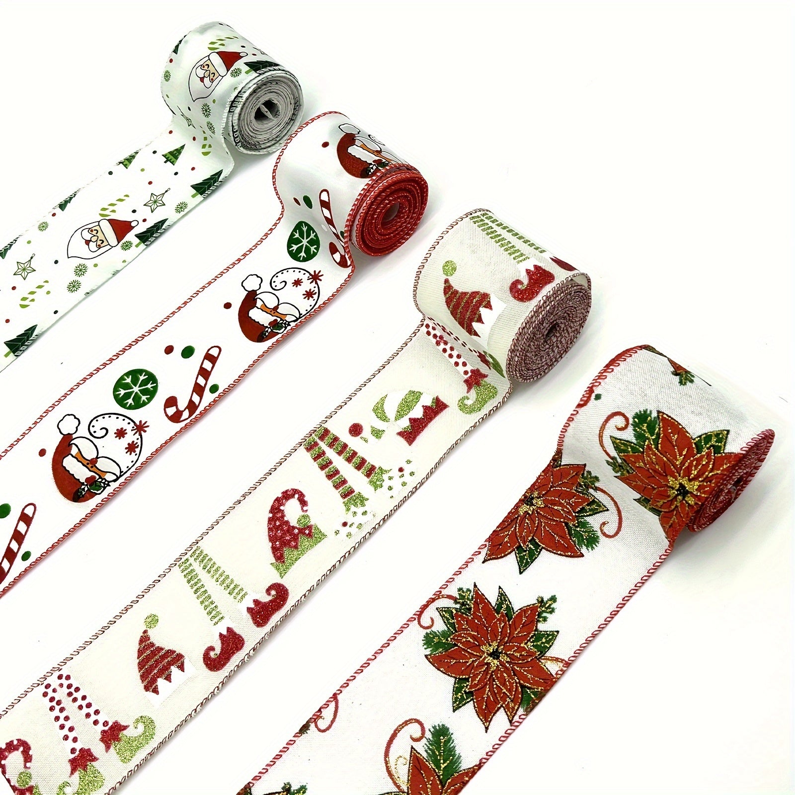 4 57M Christmas Wired Ribbon Xmas Tree Santa Flower Burlap Ribbon Wired Edge