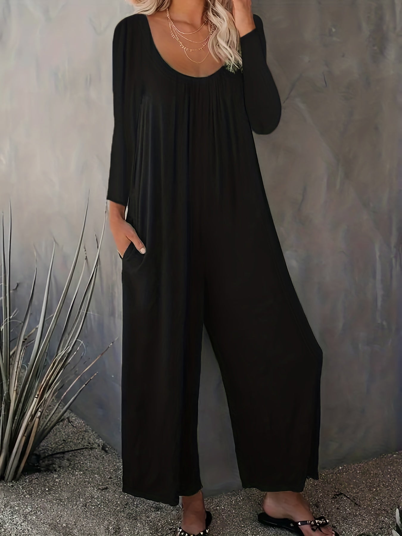  Solid Long Sleeve Round Neck Wide Leg Jumpsuit