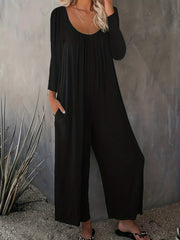  Solid Long Sleeve Round Neck Wide Leg Jumpsuit