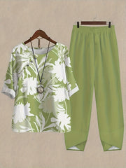 Plant Print 3/4 Sleeve Crew Neck Two Piece Set