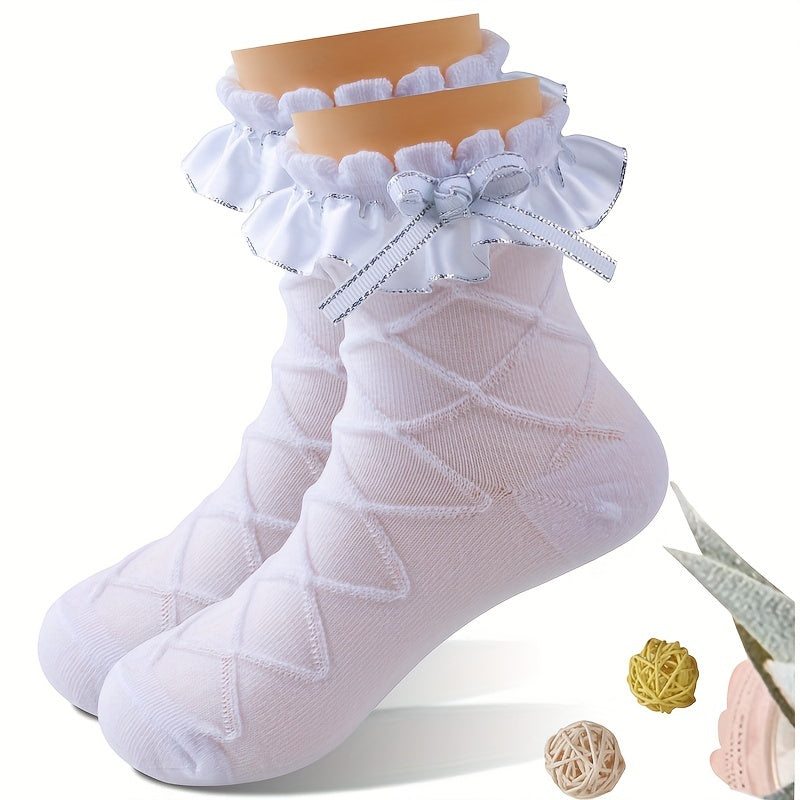 Cotton Lace Knit Crew Socks - 2 Pairs