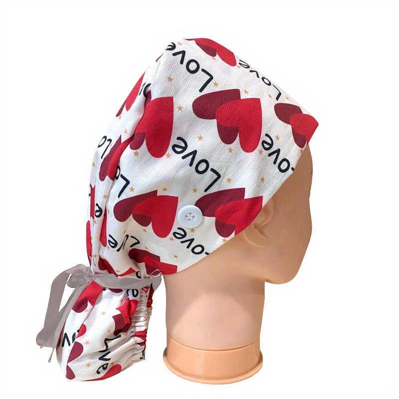Love Heart Print Work Cap Adjustable Scrub Cap Nurse Hats
