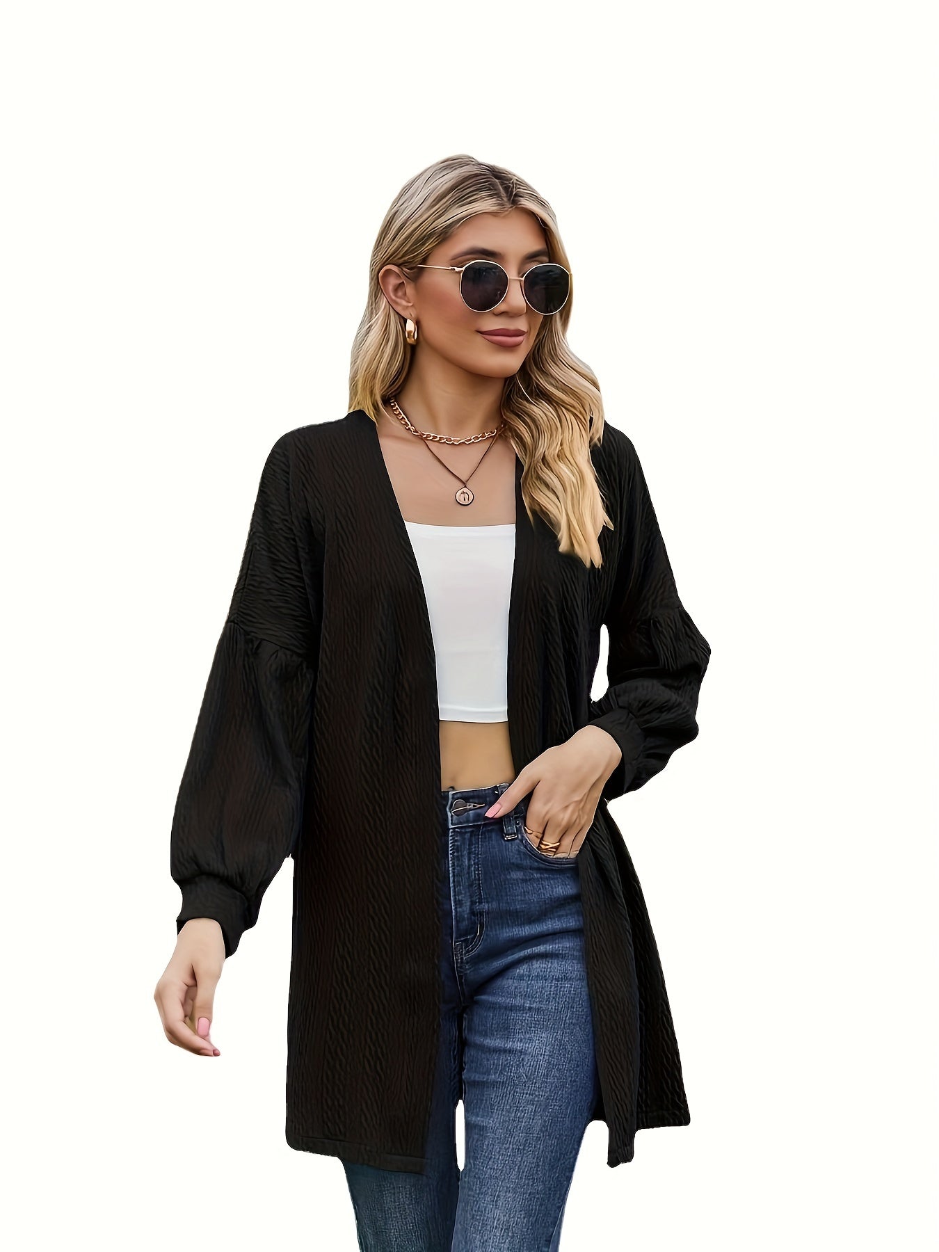  Solid Jacquard Lantern Sleeve Open Front Cardigan