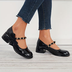 Women's Bowknot Mary Jane Chain Strap Round Toe Chunky Low Heels