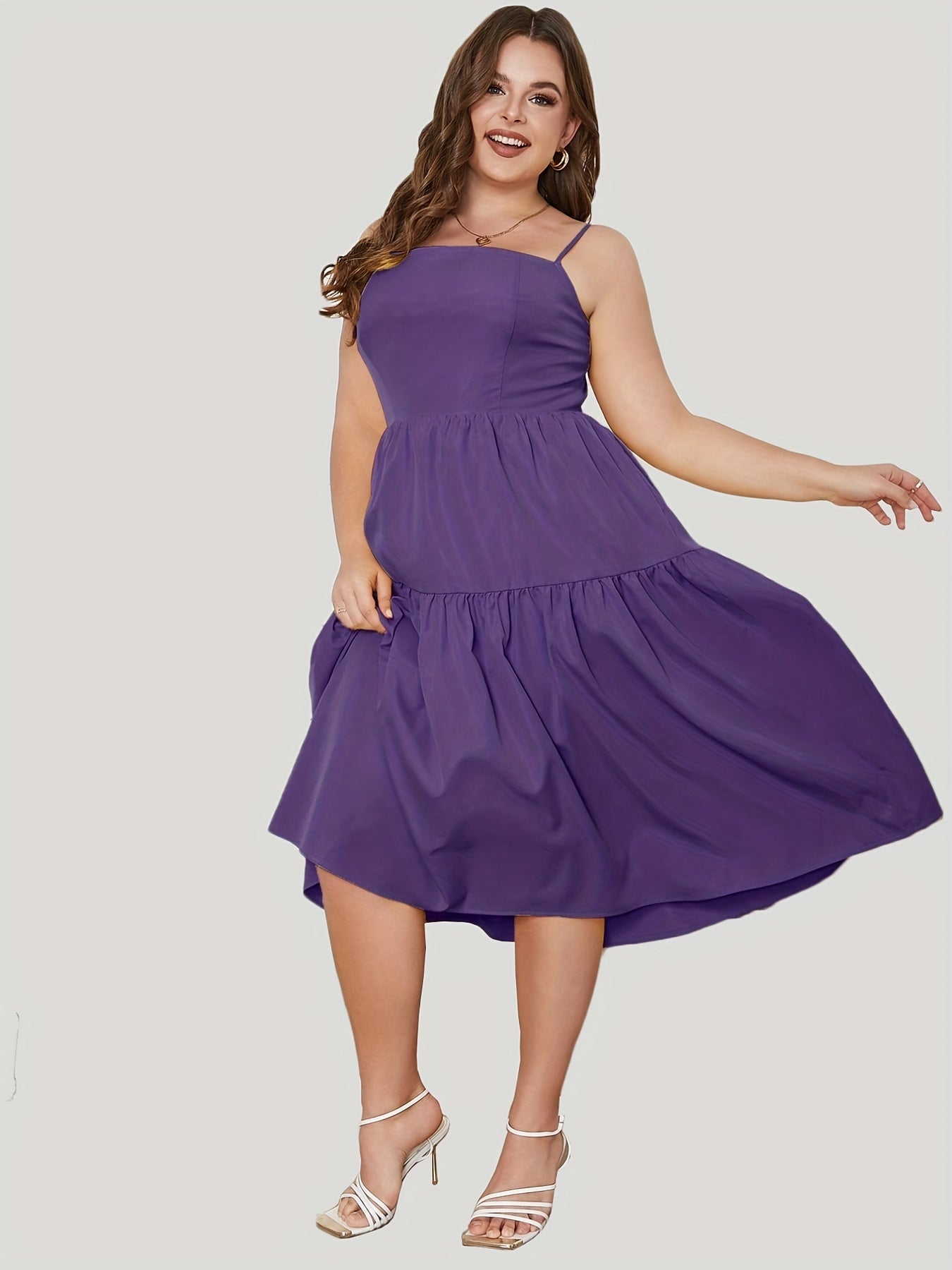  Solid Square Neck Bow Knot Back Midi Dress
