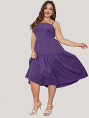  Solid Square Neck Bow Knot Back Midi Dress