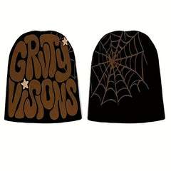 Unisex Reversible Spider Web Letter Jacquard Beanie Y2K Knit Hat