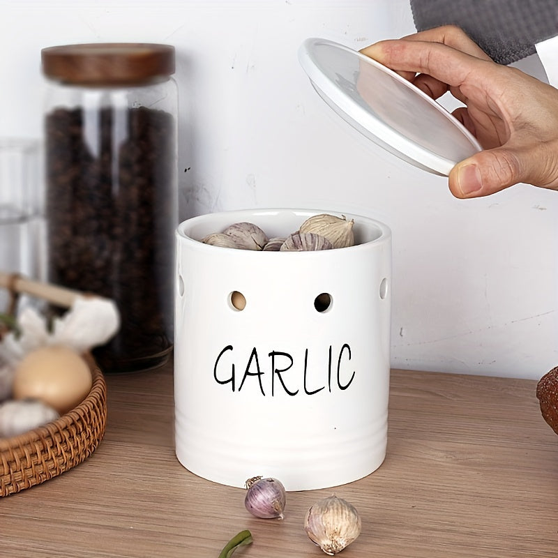 Ceramic Garlic Keeper Crisper Container Lid Storage Box Holder Countertop