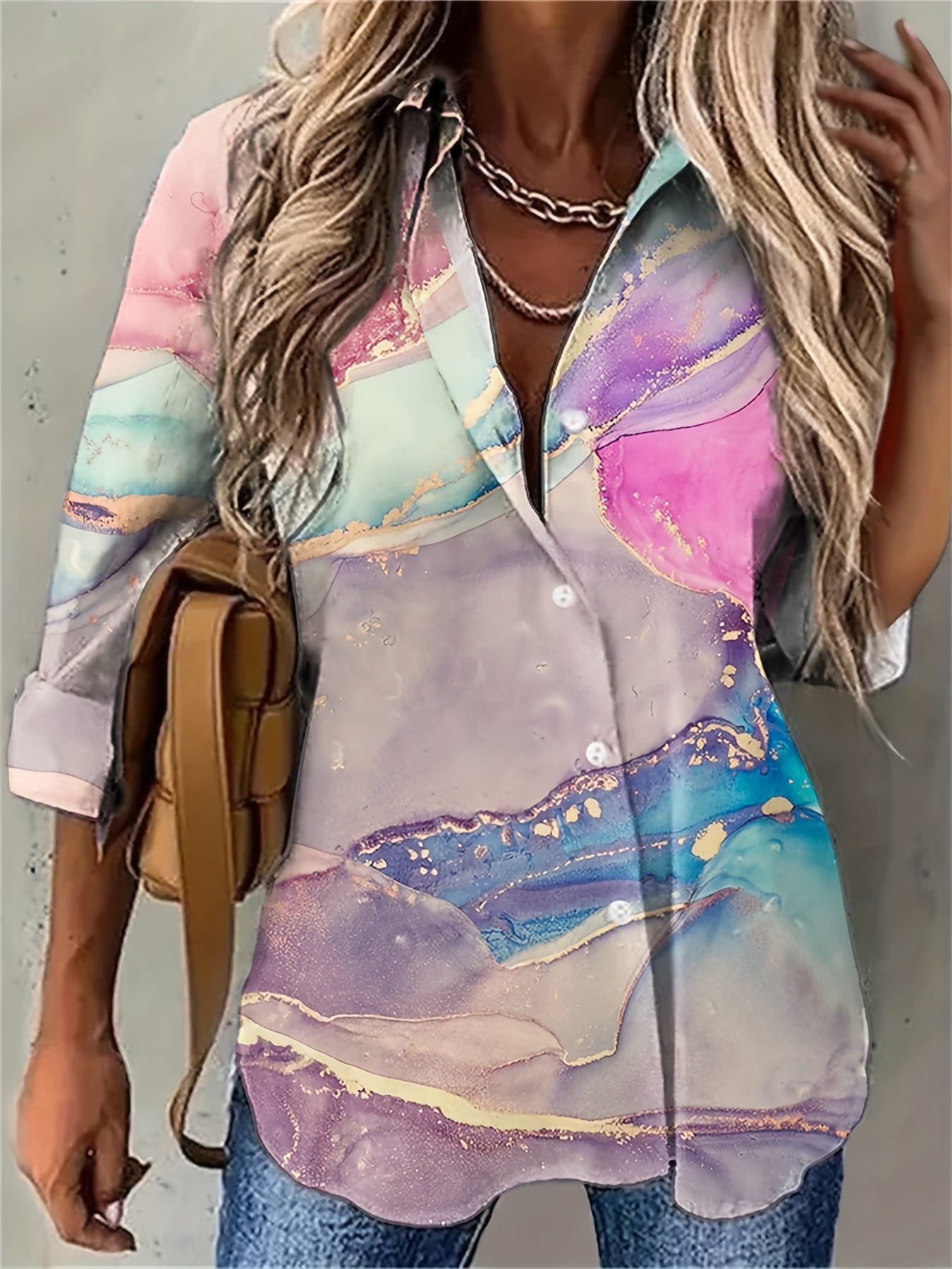  Marble Print Long Sleeve Blouse