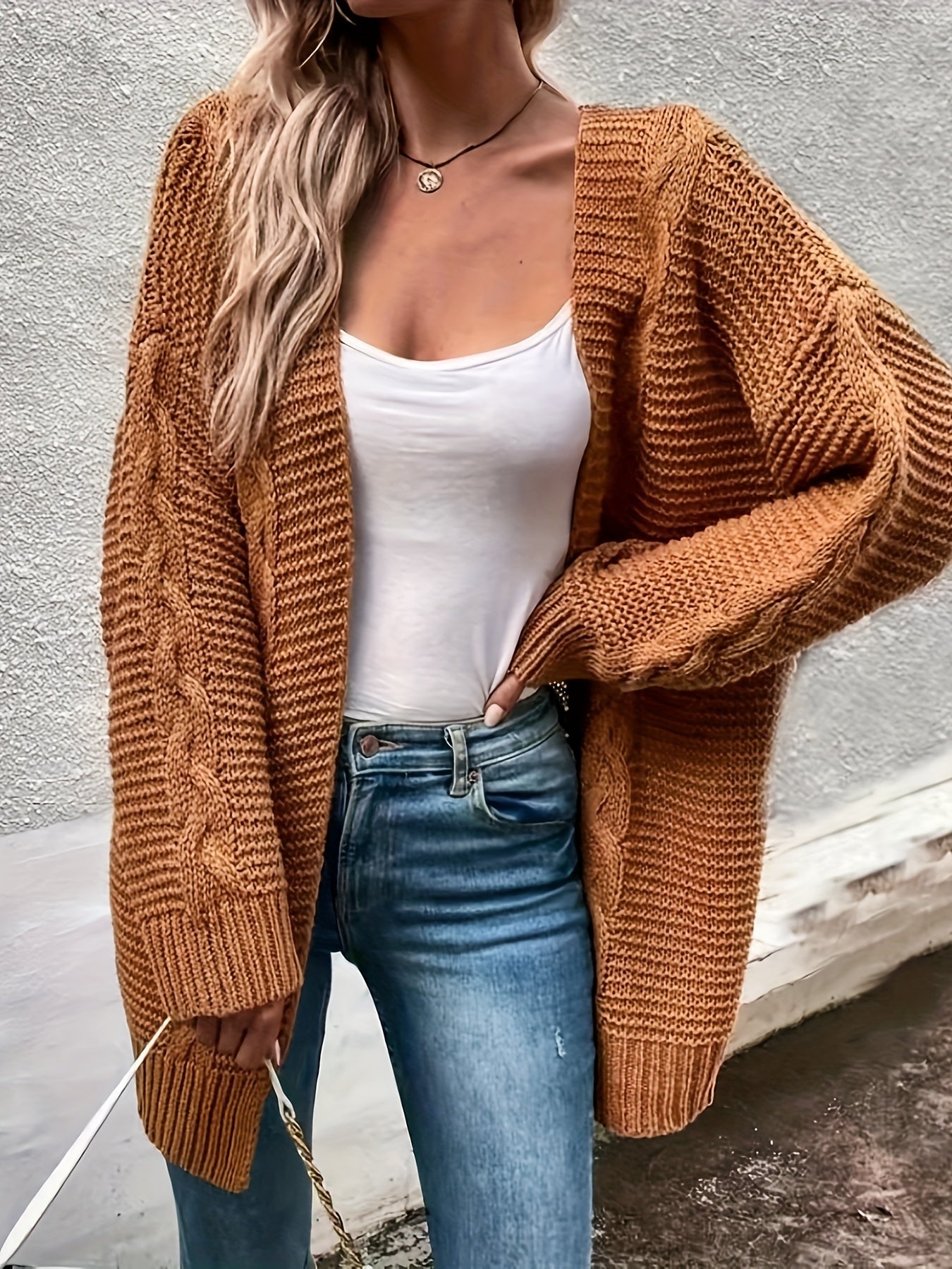  Solid Cable Long Sleeve Open Front Cardigan