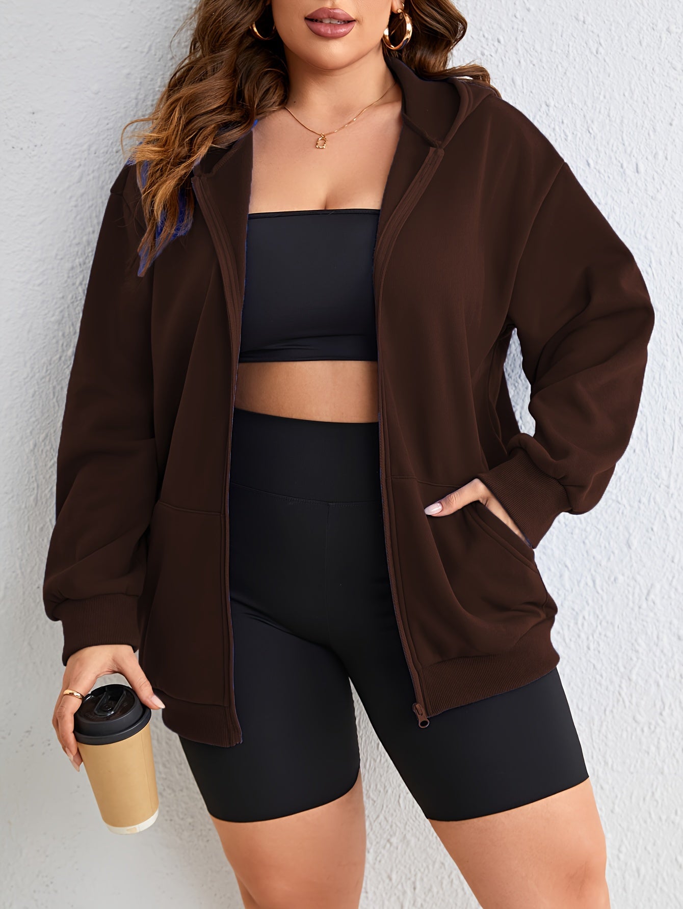  Long Sleeve Zip Hooded Coat with Pockets