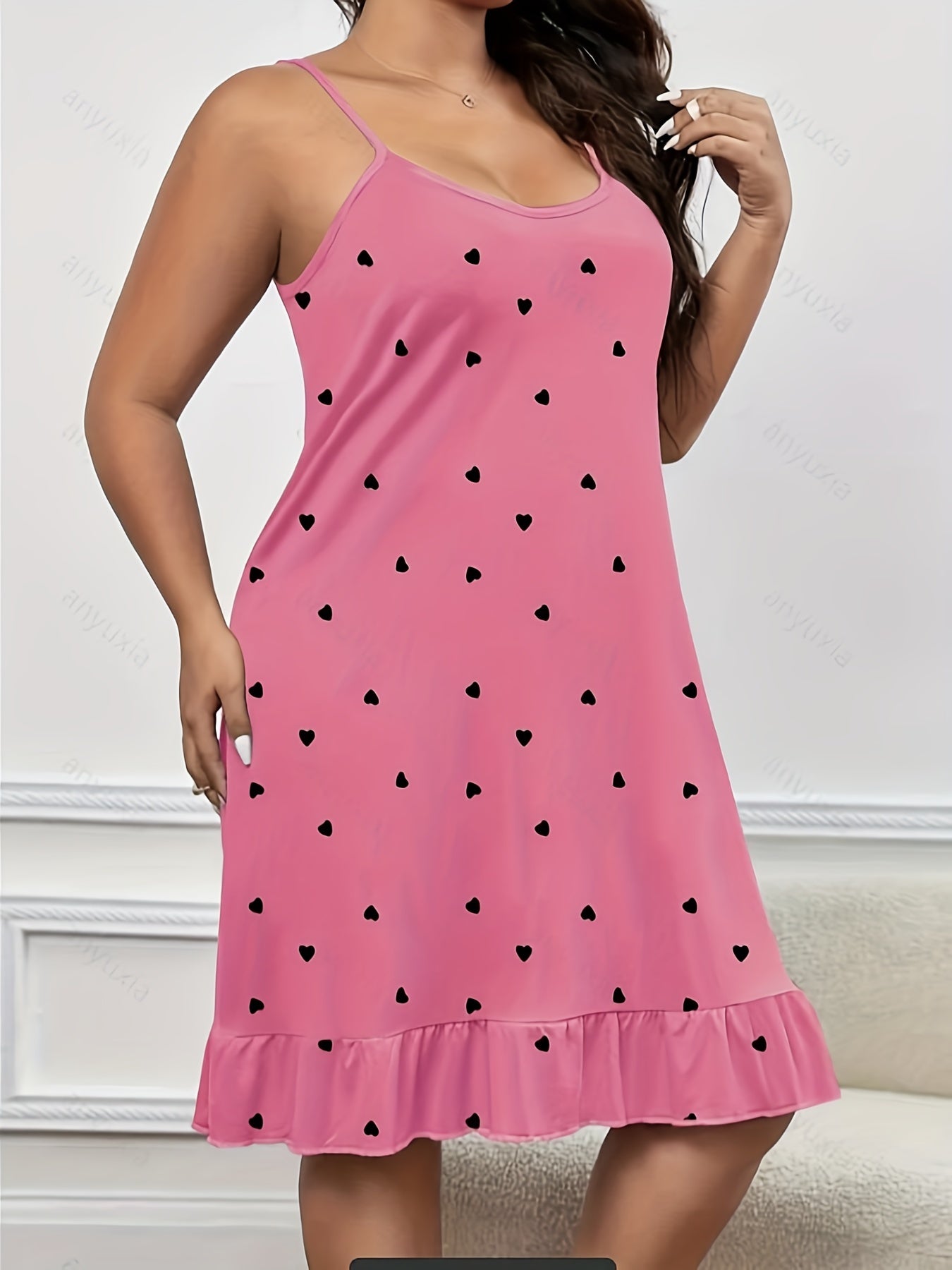  Nightdress Women's Heart Print Ruffle Trim Cami Sleep Dress
