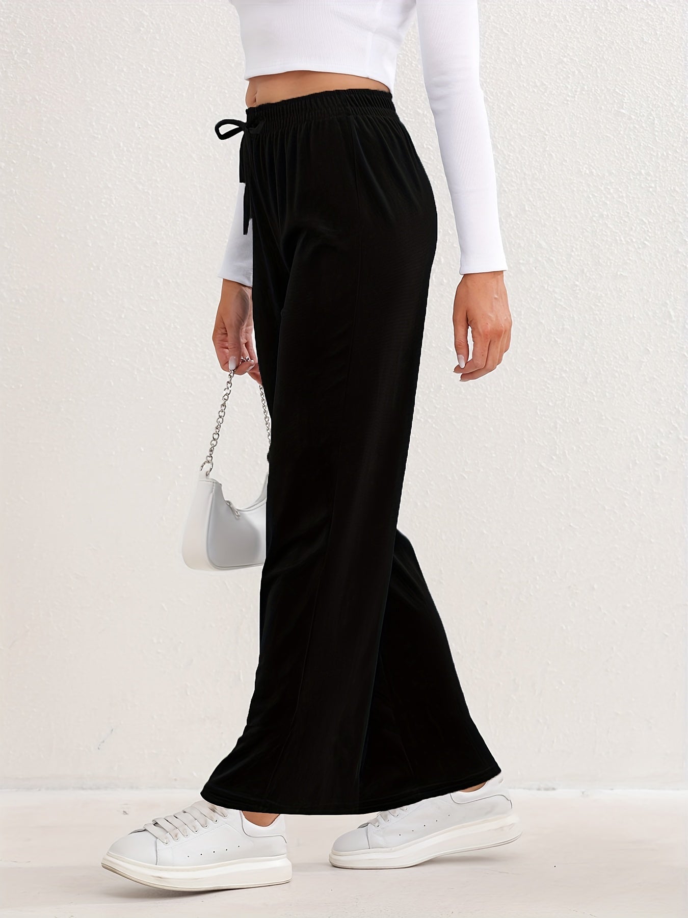 Elastic High Waist Sports Pants Wide Legs Stretchy Trousers