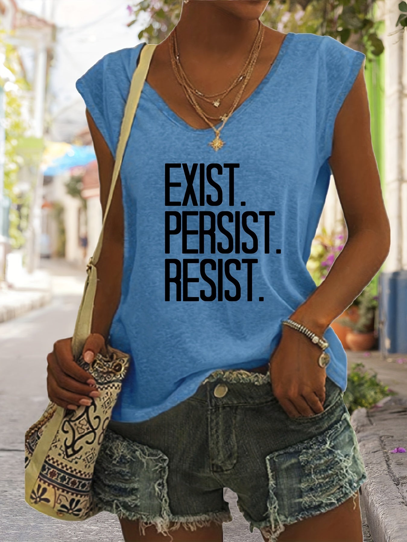 Letter Print V Neck Tank Top Casual Sleeveless