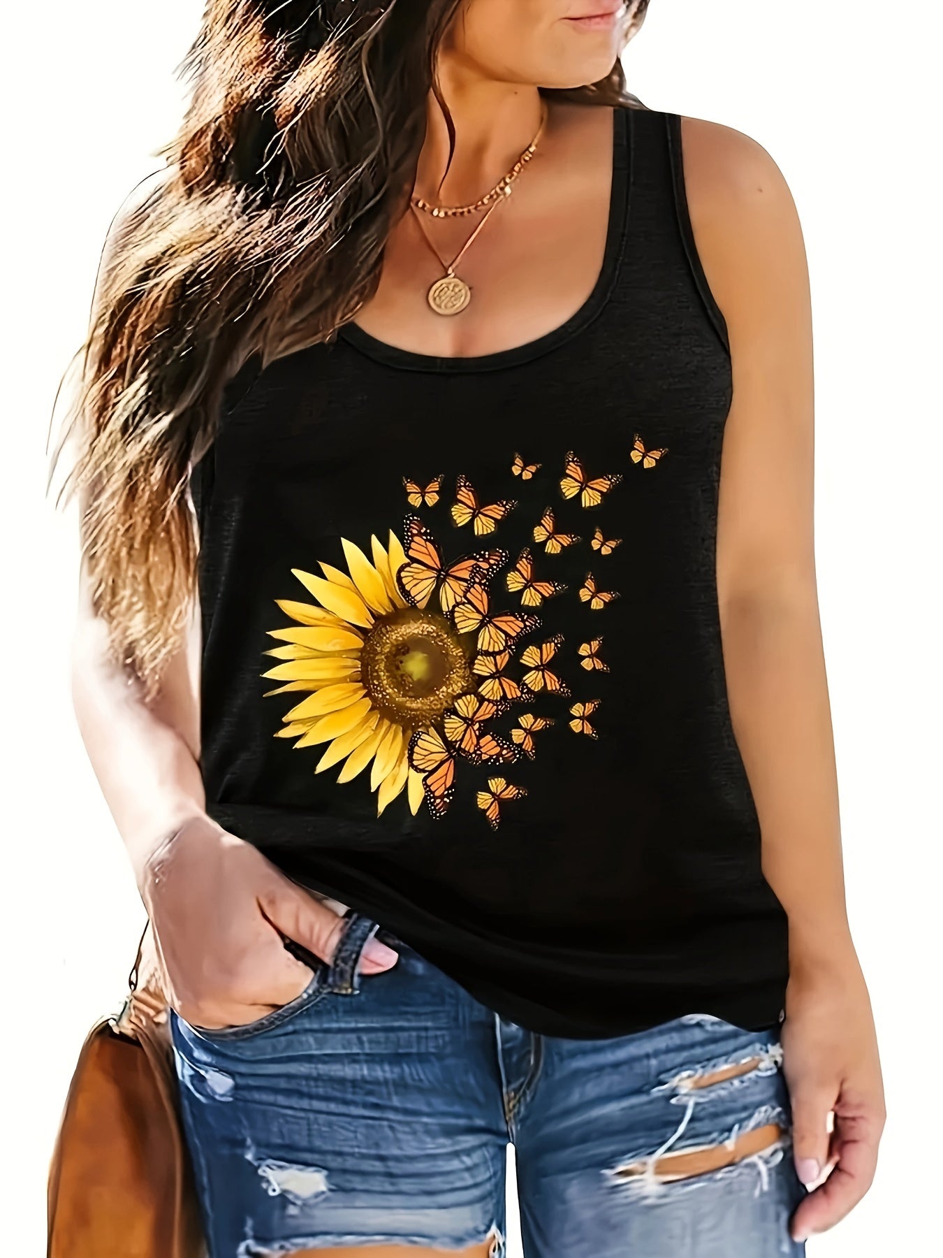  Butterfly & Sunflower Print Round Neck Tank Top