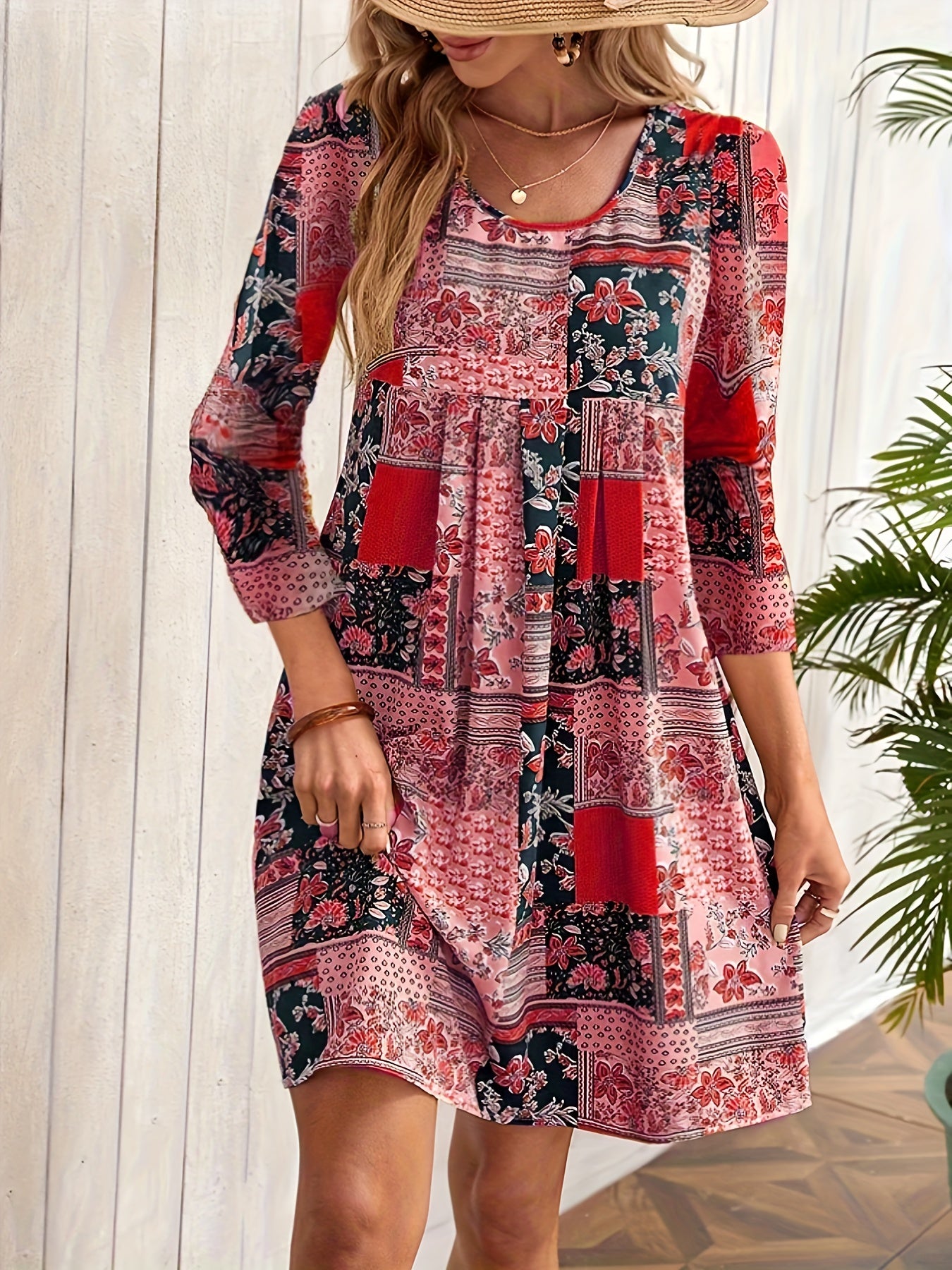  Boho Dress Floral Print Half Sleeve Round Neck Pleated Dress