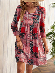 Boho Dress Floral Print Half Sleeve Round Neck Pleated Dress