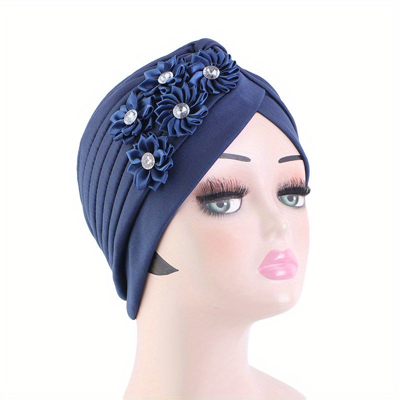 Rhinestone Flower Turban Cap Boho Elastic Head Wrap Beanie Head Scarf