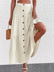  Solid Button High Rise Maxi Smock Skirt